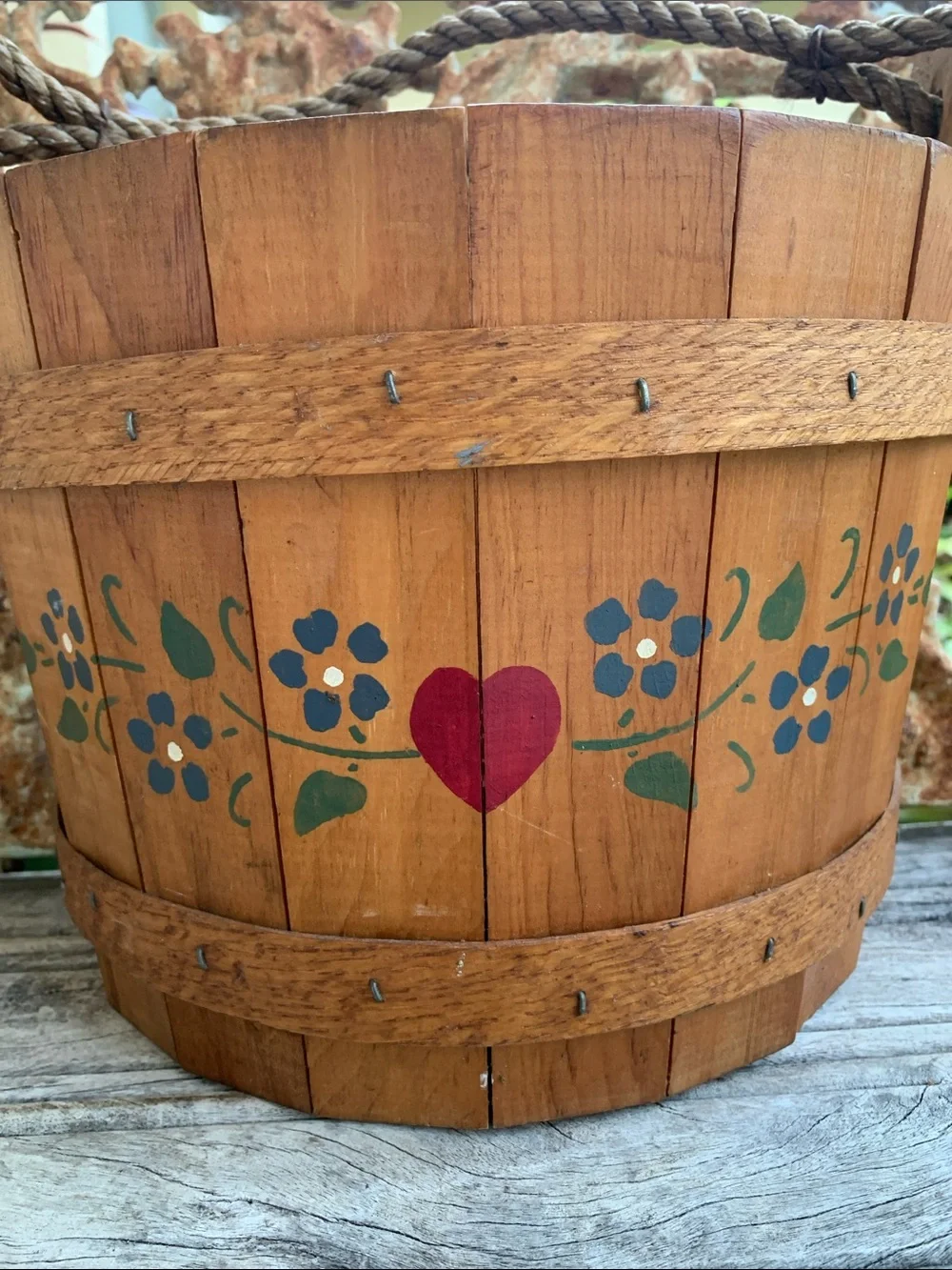 Vintage Flat Sided Wooden Hanging Basket with Red Heart and Floral Accents
